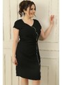 By Saygı Nail Front Stone Striped Lined Plus Size Crepe Dress with Gathering Front