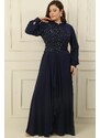By Saygı Bead Embroidered Lined Flounce Front Plus Size Long Chiffon Dress