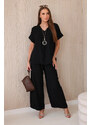 K-Fashion Komplet s náhrdelníkem halenka + kalhoty černý