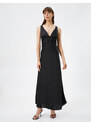 Koton Evening Dress in Satin Long Deep V-Neck, Thick Straps.