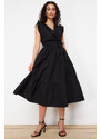 Trendyol Black Belted Floral Print A-line Double Breasted Collar Midi Woven Midi Woven Midi Dress