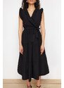 Trendyol Black Belted Floral Print A-line Double Breasted Collar Midi Woven Midi Woven Midi Dress
