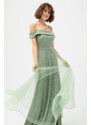 Lafaba Women's Mint Green Boat Neck Silvery Long Evening Dress