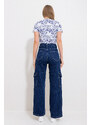 Trend Alaçatı Stili Women's Dark Blue High Waist Cargo Pocket Wide Leg Denim Trousers