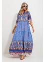 Trend Alaçatı Stili Women's Light Blue Front Laced Patterned Woven Viscose Dress