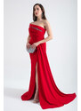 Lafaba Women's Red Boat Neck Stone Long Evening Dress