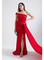 Lafaba Women's Red Boat Neck Stone Long Evening Dress