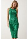 Happiness İstanbul Women's Dark Green Halter Neck Ribbed Wrap Knitted Dress