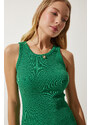 Happiness İstanbul Women's Dark Green Halter Neck Ribbed Wrap Knitted Dress