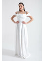 Lafaba Women's White Stone Strap Draped Long Satin Evening Dress