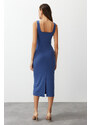 Trendyol Indigo Fitted Detail Collar Flexible Knitted Midi Dress