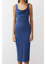 Trendyol Indigo Fitted Detail Collar Flexible Knitted Midi Dress