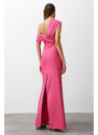 Trendyol Pink Fitted Asymmetric Collar Poplin Detail Long Evening Evening Dress