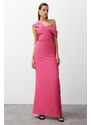 Trendyol Pink Fitted Asymmetric Collar Poplin Detail Long Evening Evening Dress