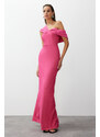 Trendyol Pink Fitted Asymmetric Collar Poplin Detail Long Evening Evening Dress