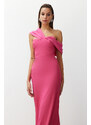 Trendyol Pink Fitted Asymmetric Collar Poplin Detail Long Evening Evening Dress