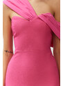 Trendyol Pink Fitted Asymmetric Collar Poplin Detail Long Evening Evening Dress