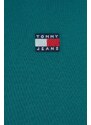 Bavlněná mikina Tommy Jeans dámská, zelená barva, s kapucí, s aplikací