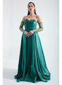 Lafaba Women's Emerald Green Collar Gemstoned Long Sleeves Tulle Evening Dress