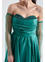 Lafaba Women's Emerald Green Collar Gemstoned Long Sleeves Tulle Evening Dress