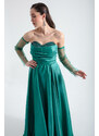 Lafaba Women's Emerald Green Collar Gemstoned Long Sleeves Tulle Evening Dress