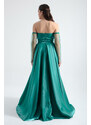 Lafaba Women's Emerald Green Collar Gemstoned Long Sleeves Tulle Evening Dress