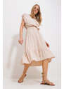 Trend Alaçatı Stili Women's Beige V-Neck Skirt Flounce Elastic Waist Woven Dress