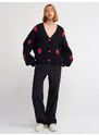 Dilvin 60185 V-Neck Strawberry Embroidered Balloon Sleeve Knitwear Cardigan-black