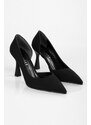 Shoeberry Women's Lucas Black Matte Satin Asymmetric Cut Heel Shoes Stiletto