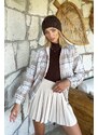 Trend Alaçatı Stili Women's Beige Patterned Zippered Seasonal Bomber Jacket with Elastic Waist