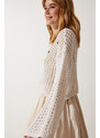 Happiness İstanbul Women's Cream Beaded Openwork Seasonal Crop Knitwear Sweater