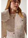 Happiness İstanbul Women's Cream Beaded Openwork Seasonal Crop Knitwear Sweater