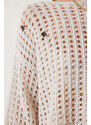 Happiness İstanbul Women's Cream Beaded Openwork Seasonal Crop Knitwear Sweater