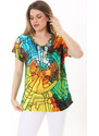 Şans Women's Plus Size Colored Stone Detailed Short Sleeve Colored Blouse