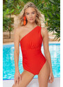 Trendyol Red One-Shoulder Draped Regular Swimsuit