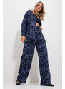 Trend Alaçatı Stili Women's Midnight Blue Patterned Shirt And Trousers Bottom Top Woven Suit