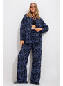 Trend Alaçatı Stili Women's Midnight Blue Patterned Shirt And Trousers Bottom Top Woven Suit