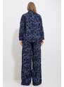 Trend Alaçatı Stili Women's Midnight Blue Patterned Shirt And Trousers Bottom Top Woven Suit