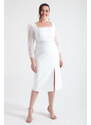 Lafaba Women's White Square Neck Belted Midi Plus Size Evening Dress