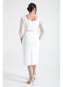 Lafaba Women's White Square Neck Belted Midi Plus Size Evening Dress
