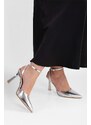 Shoeberry Women's Martini Silver Shiny Belted Ankle Tied Stiletto