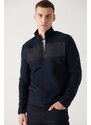 Avva Men's Navy Blue Zippered High Neck Parachute Fabric Detail Regular Fit Fleece Sweatshirt