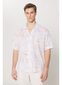 AC&Co / Altınyıldız Classics Men's Beige-brown Oversized Loose Cut Cuban Collar 100% Cotton Printed Short Sleeve Shirt.