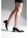 Marjin Women's Double Strap Classic Heeled Shoes Alsef Black Patent Leather