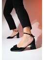 LuviShoes BRIT Black Patent Leather Women's Bow Thick Heeled Shoes