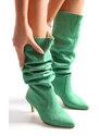 Shoeberry Women's Pia Green Suede Gathered Heel Boots Green Suede