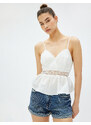 Koton Strapless Blouse V-Neck Lace Detail Ruffled Ribbed