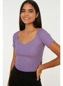 Trendyol Lilac Fitted/Clothing, Ribbed Cotton, Stretchy Knit Blouse