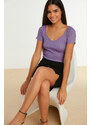 Trendyol Lilac Fitted/Clothing, Ribbed Cotton, Stretchy Knit Blouse