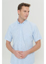 ALTINYILDIZ CLASSICS Men's Light Blue Comfort Fit Comfy Cut Buttoned Collar Check Short Sleeve Shirt.